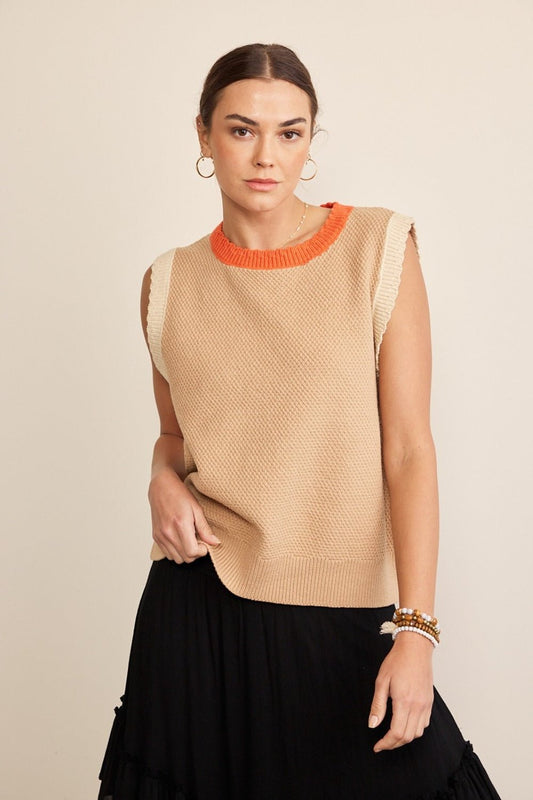 Contrast Crew Neck Sleeveless Sweater in Taupe MultiSweaterIN FEBRUARY