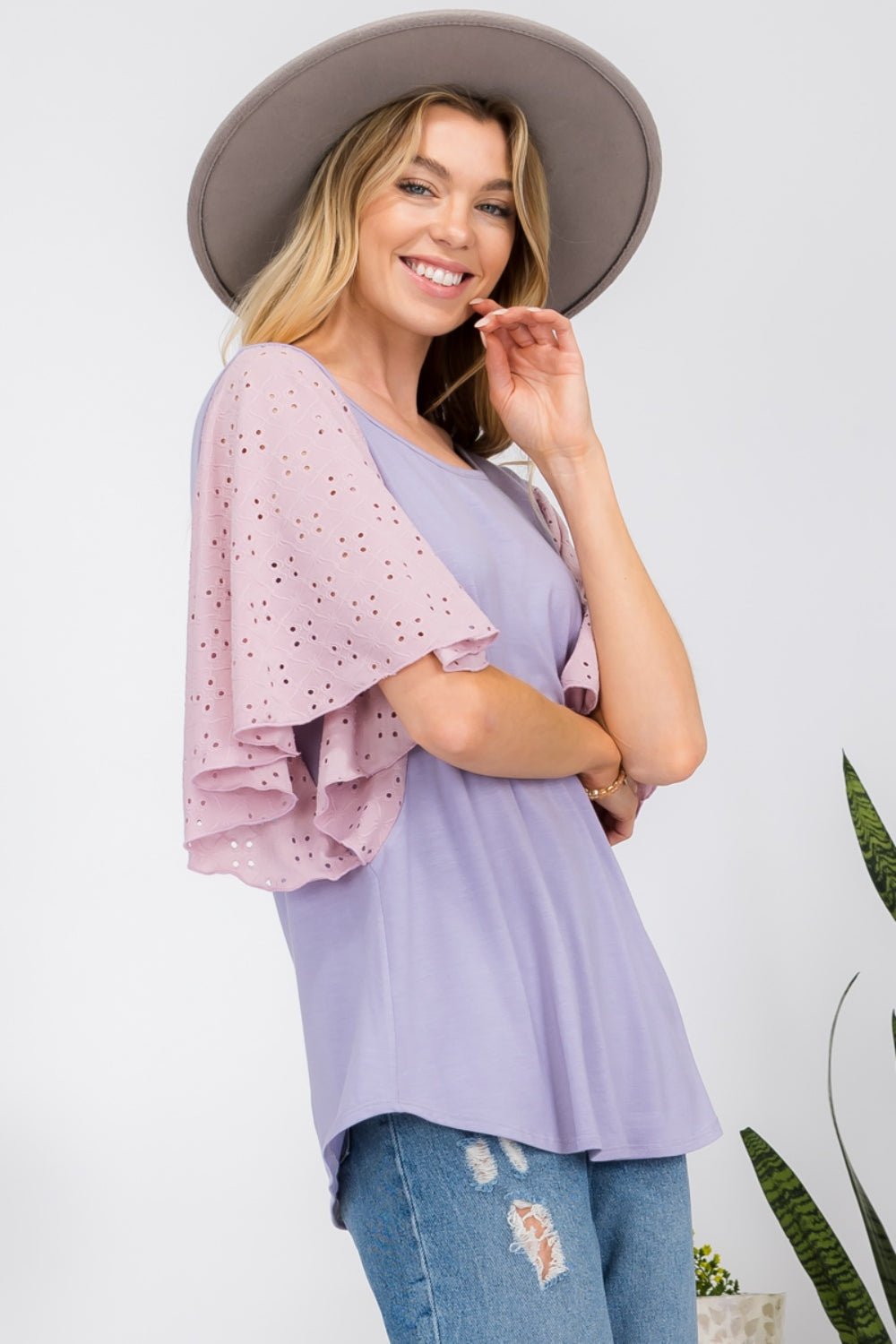 Contrast Eyelet Ruffle Sleeve Blouse in LilacBlouseCeleste Design