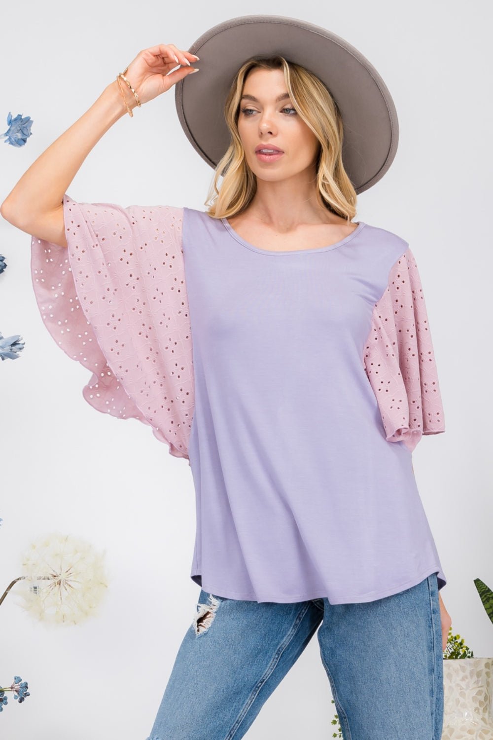 Contrast Eyelet Ruffle Sleeve Blouse in LilacBlouseCeleste Design