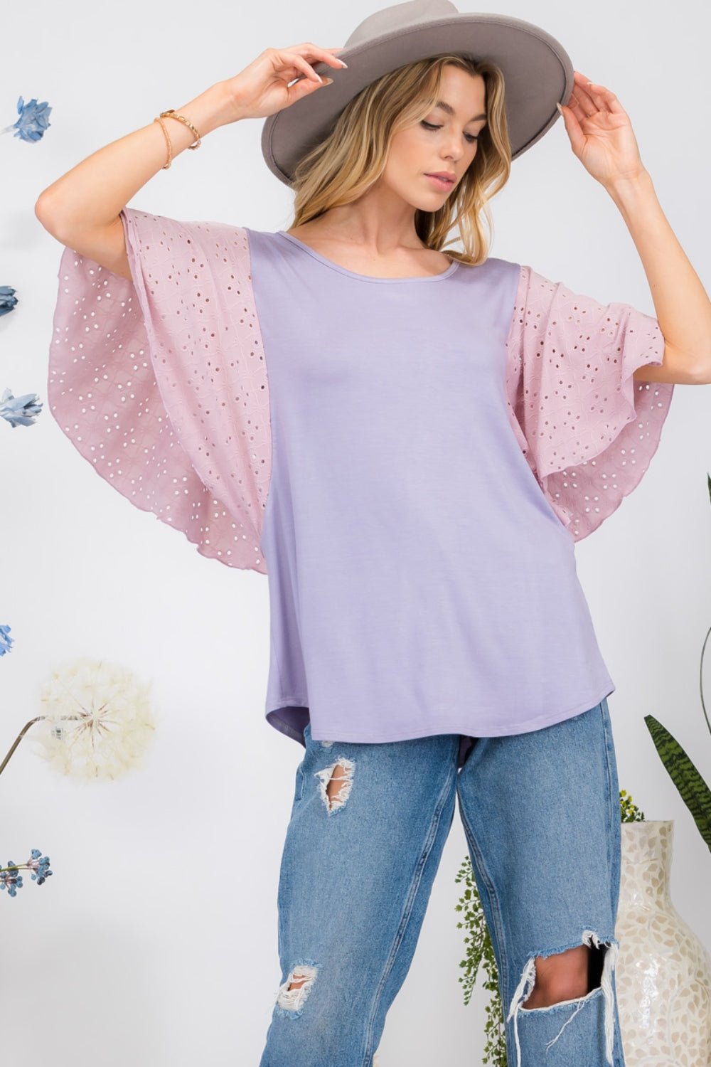 Contrast Eyelet Ruffle Sleeve Blouse in LilacBlouseCeleste Design