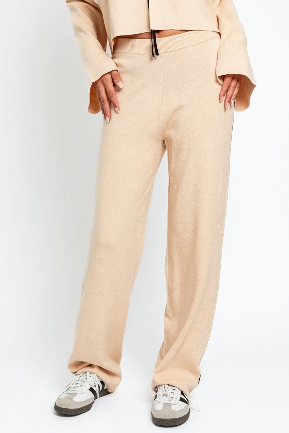 Contrast Trim High Waist Wide Leg Knit Pants in Cream/BlackPantsTASHA