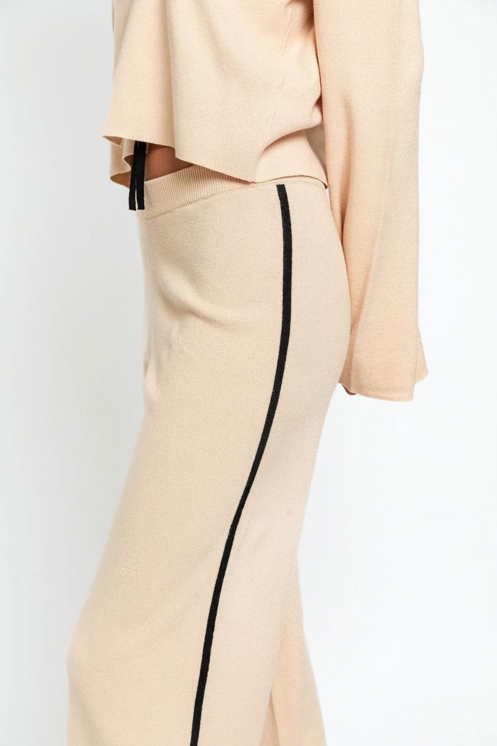 Contrast Trim High Waist Wide Leg Knit Pants in Cream/BlackPantsTASHA