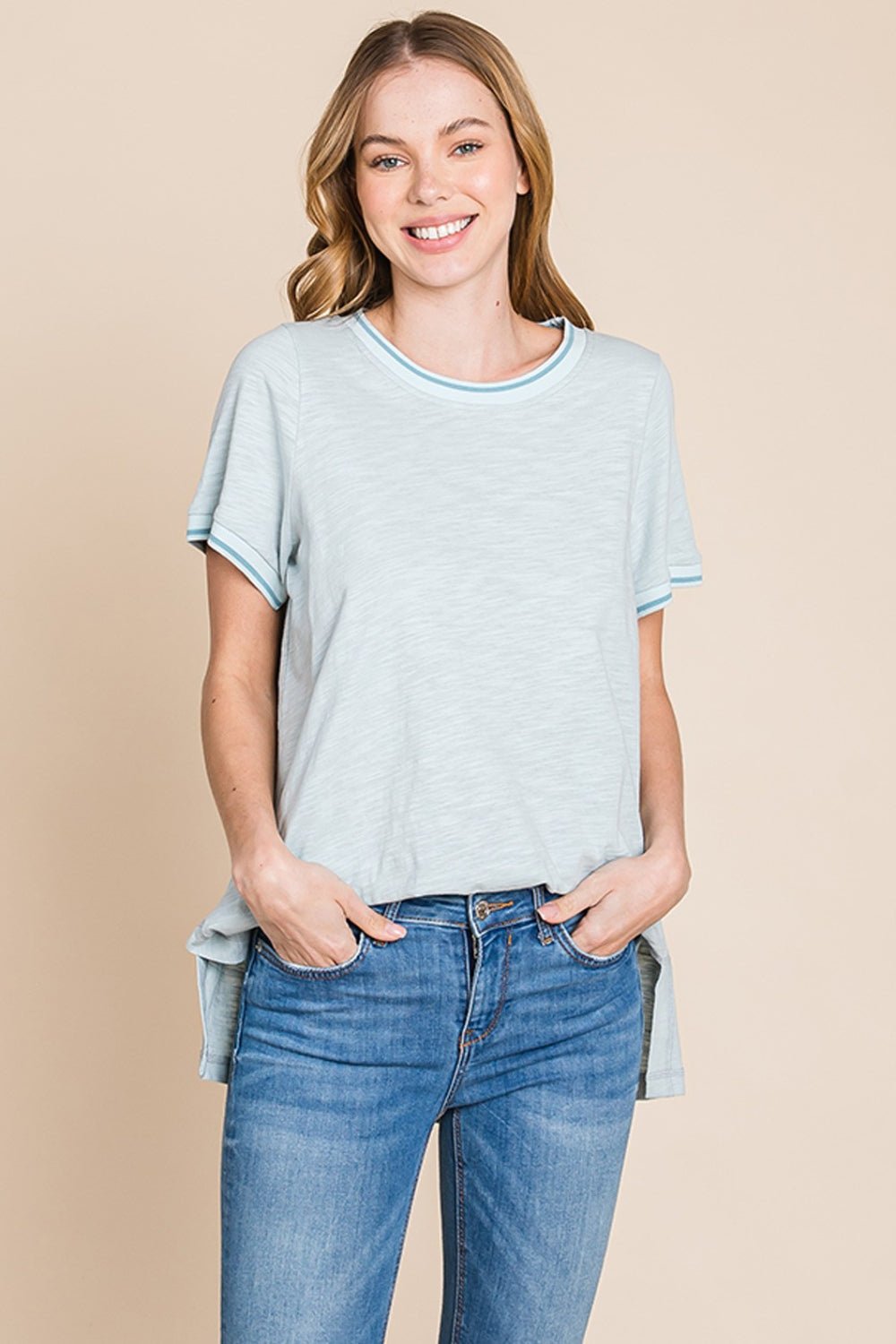 Contrast Trim Short Sleeve Tunic T-Shirt in SeafoamT-ShirtCotton Bleu