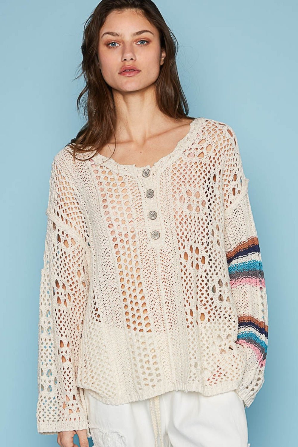 Crew Neck Long Sleeve Crochet Top in OatmealTopPOL