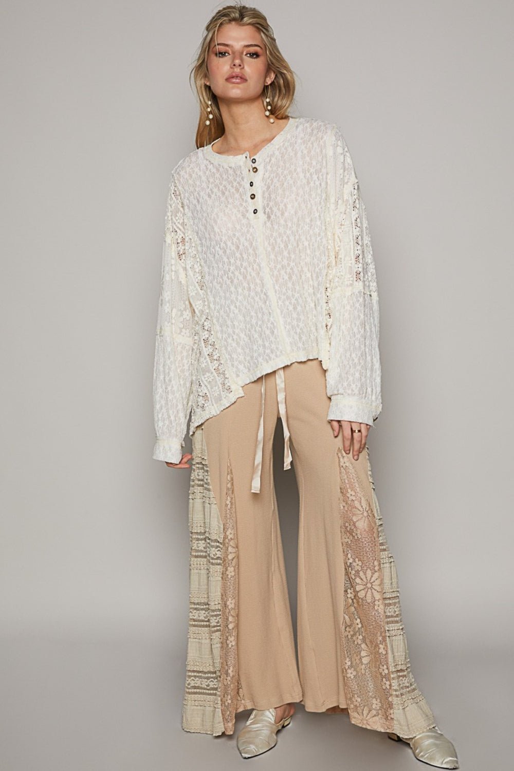 Crew Neck Long Sleeve Raw Edge Lace Top in CreamTopPOL
