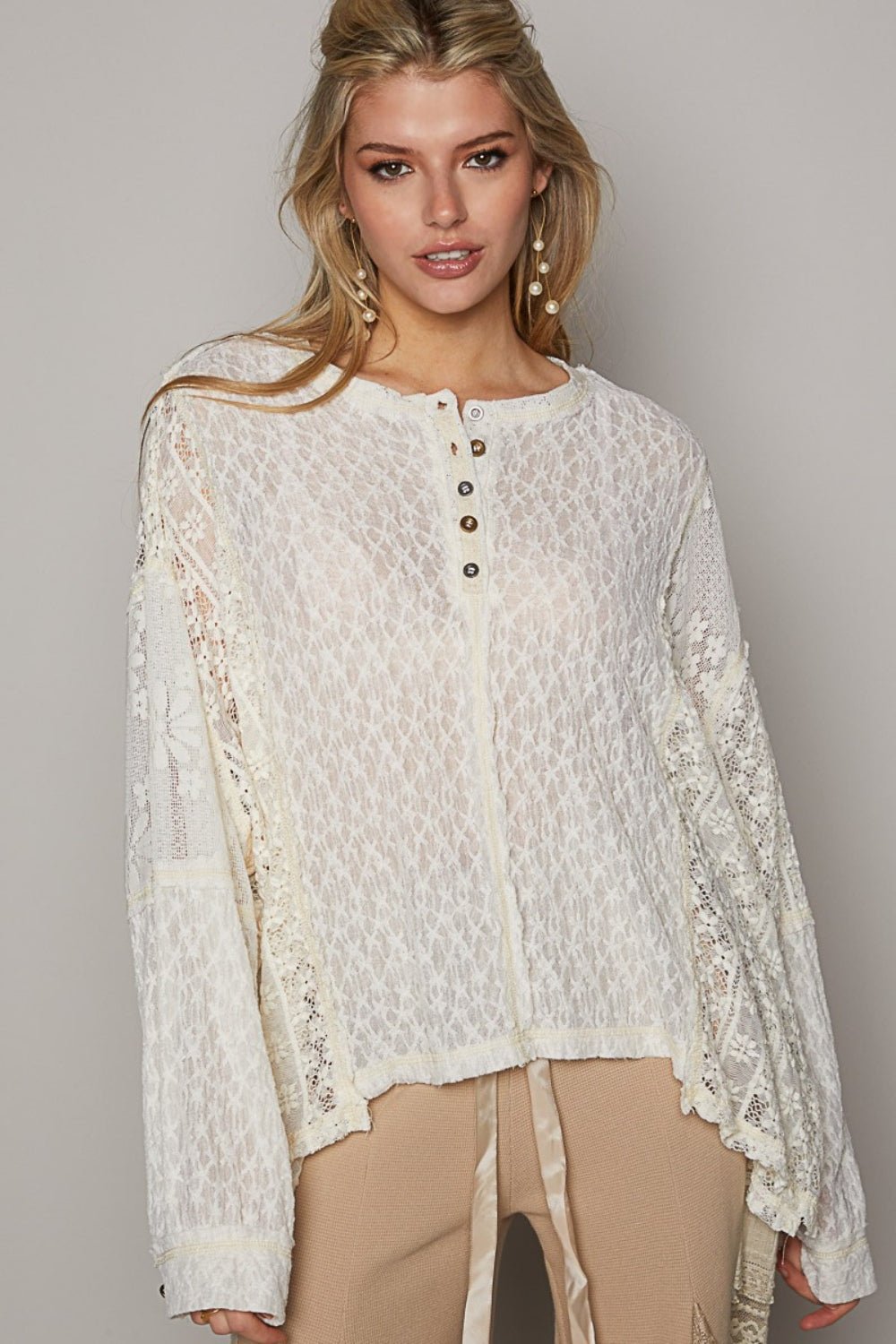 Crew Neck Long Sleeve Raw Edge Lace Top in CreamTopPOL