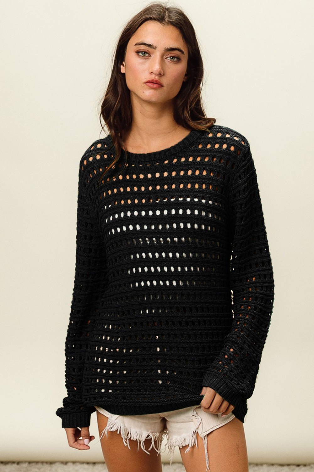 Crew Neck Openwork Knit Top in BlackTopBiBi