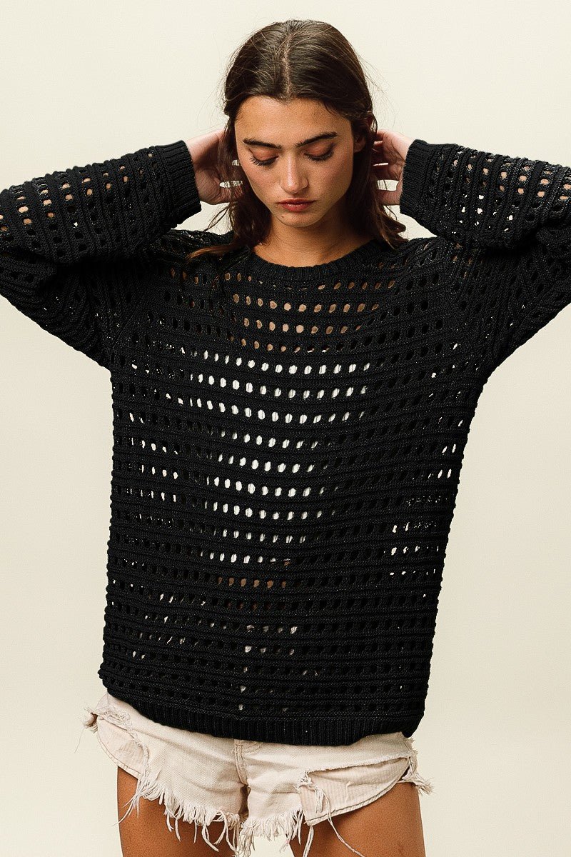 Crew Neck Openwork Knit Top in BlackTopBiBi