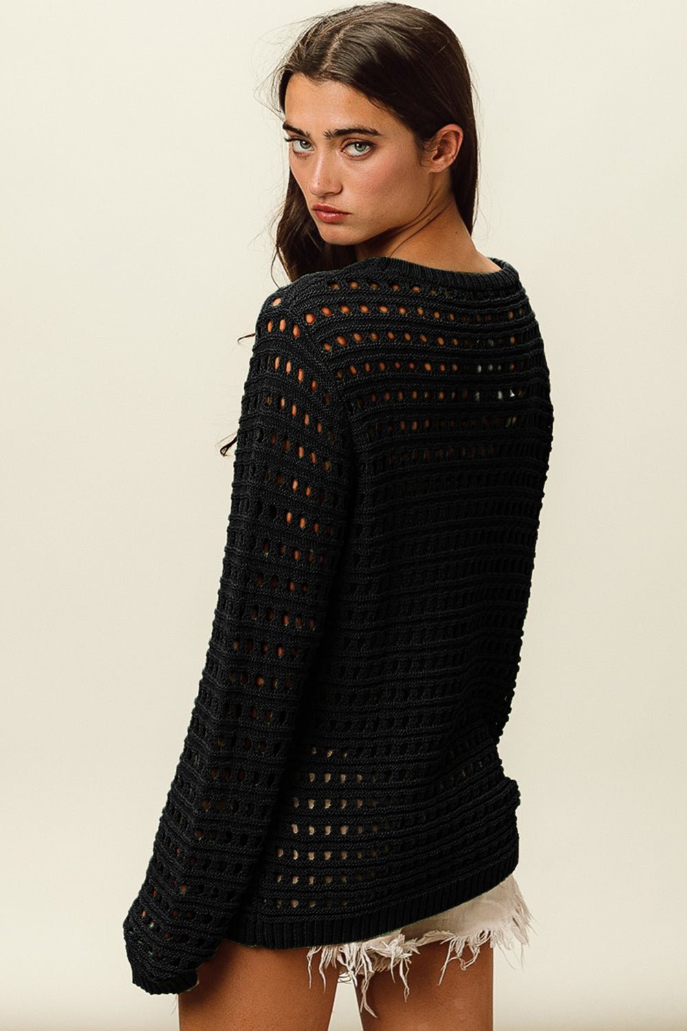 Crew Neck Openwork Knit Top in BlackTopBiBi