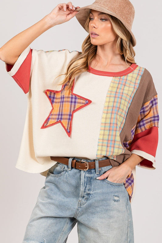 Crew Neck Plaid Star Patch T - Shirt in BerryT - ShirtSAGE+FIG