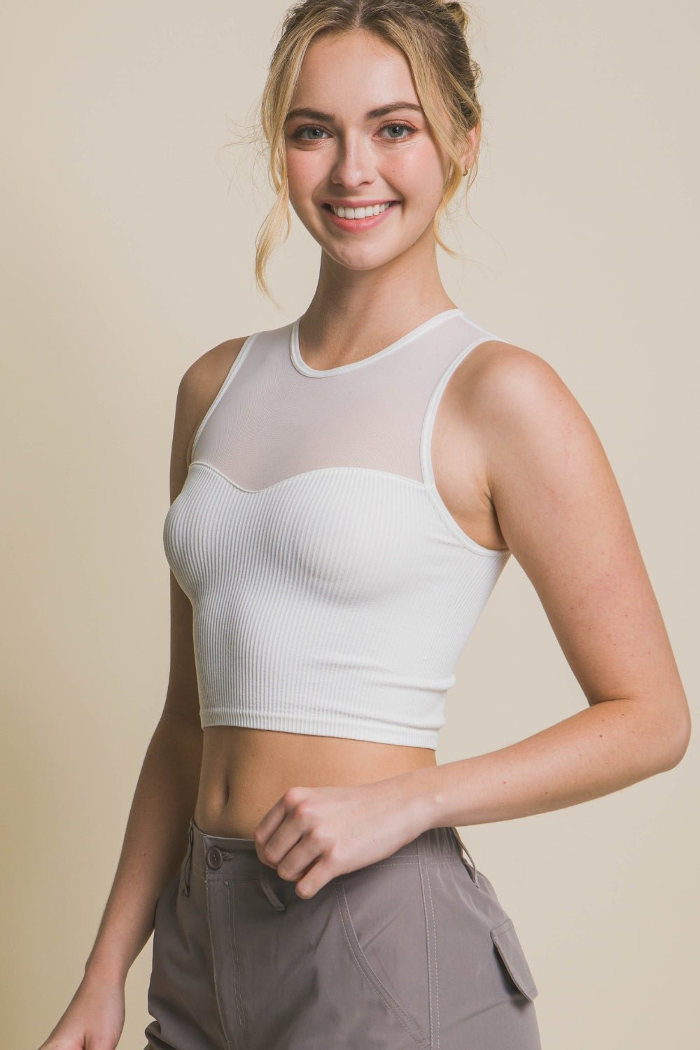 Crew Neck Ribbed Cropped Mesh Tank in Off WhiteTankLove Tree