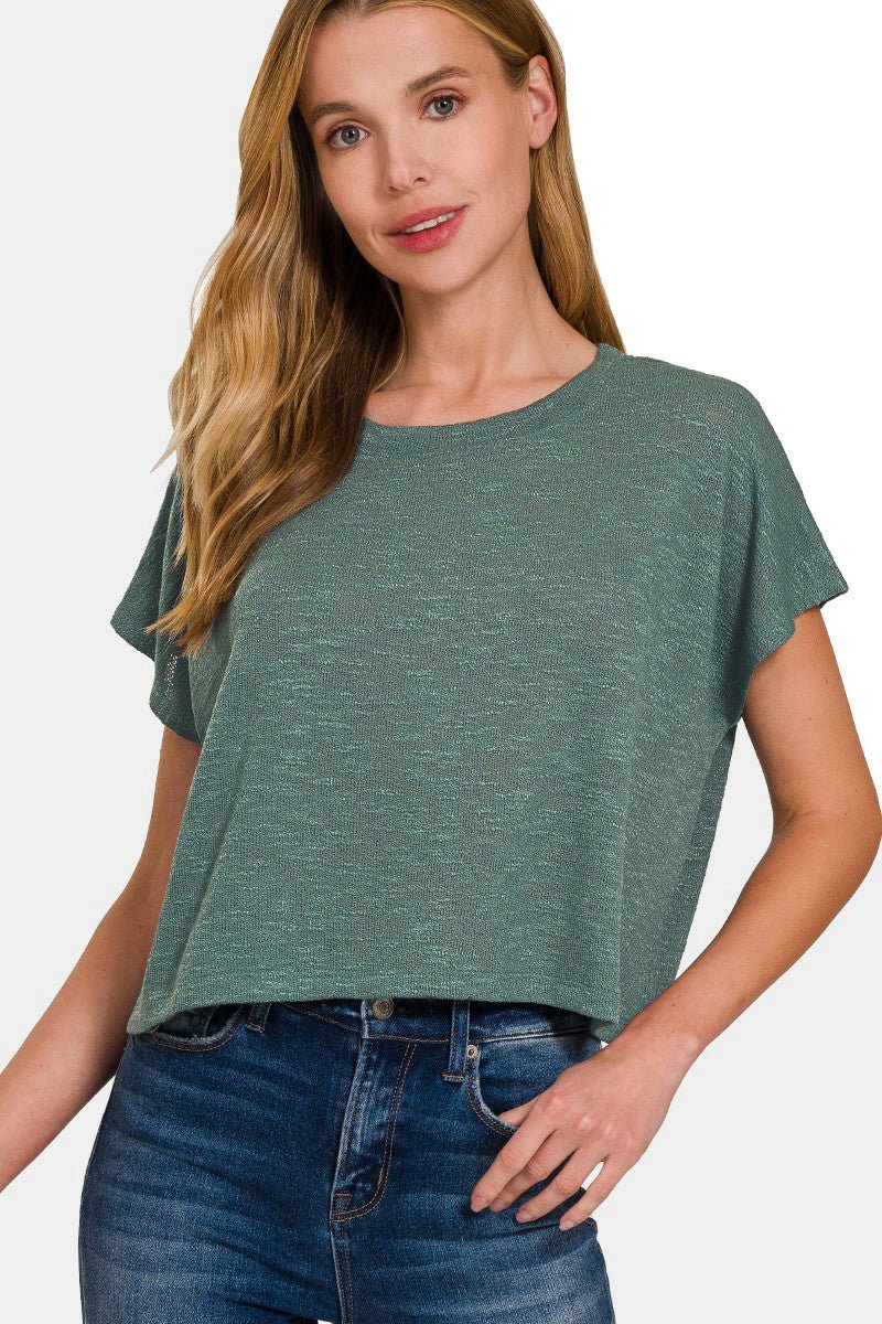 Crew Neck Short Sleeve Crop T-Shirt in Ash JadeT-ShirtZenana