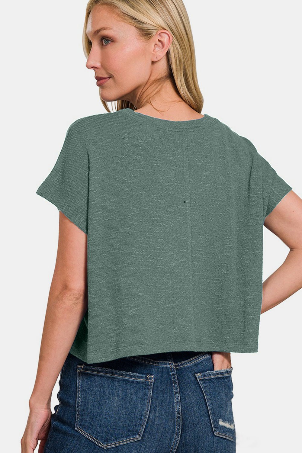 Crew Neck Short Sleeve Crop T-Shirt in Ash JadeT-ShirtZenana