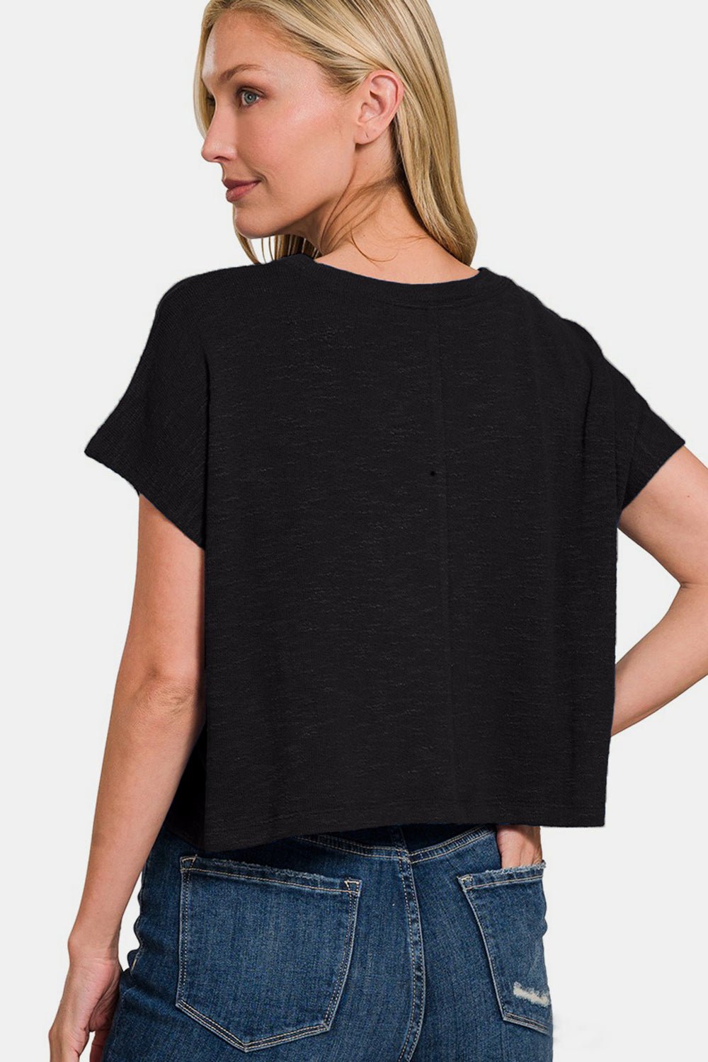 Crew Neck Short Sleeve Crop T-Shirt in BlackT-ShirtZenana