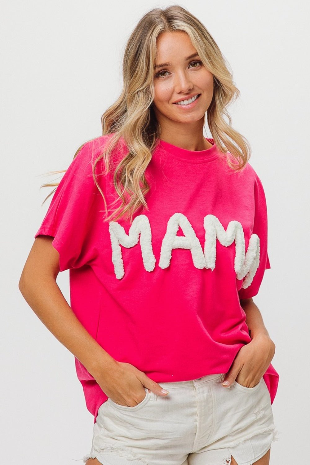 Crew Neck Short Sleeve Mama Graphic T-Shirt in FuchsiaT-ShirtBiBi
