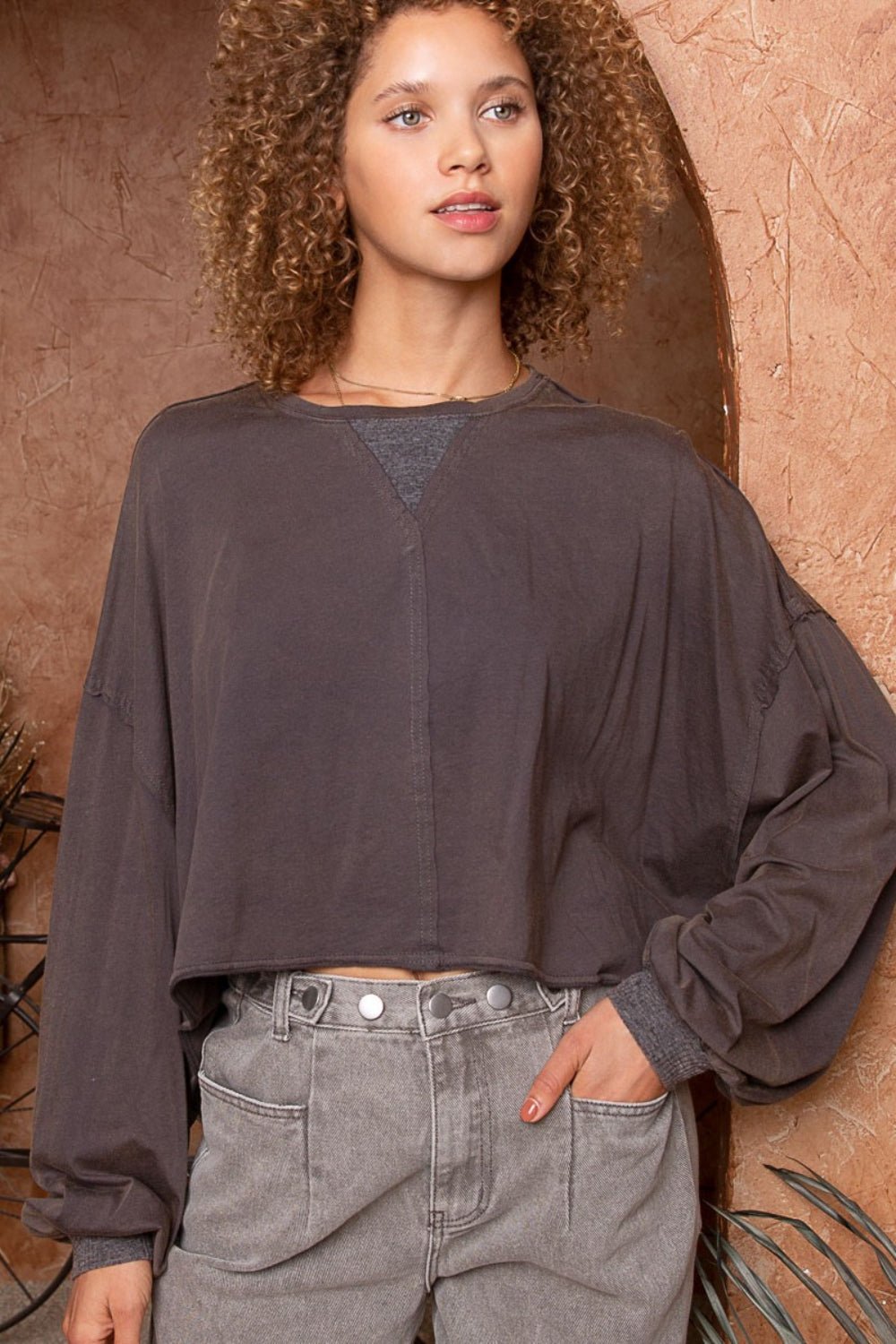 Cropped Long Sleeve Cotton Top in Deep CharcoalTopPOL