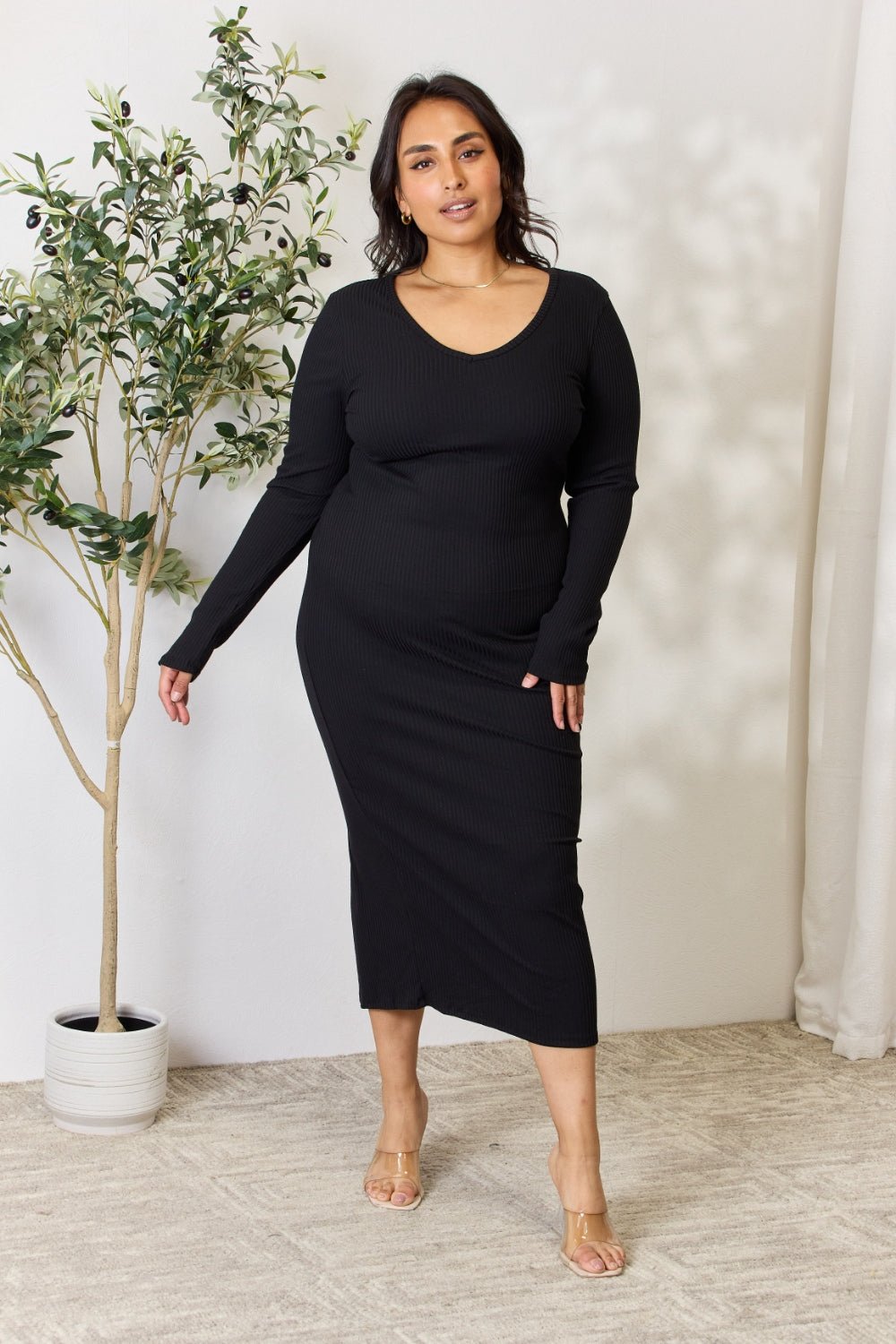 Culture Code - Black Rib Knit Long Sleeve Midi Dress