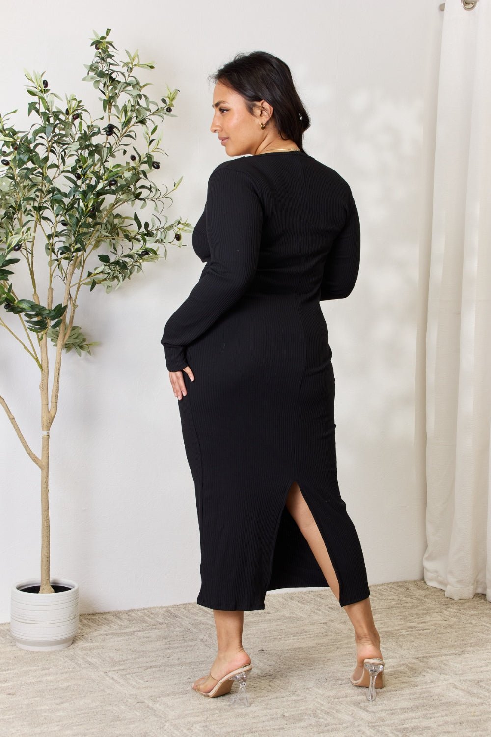 Culture Code - Black Rib Knit Long Sleeve Midi Dress