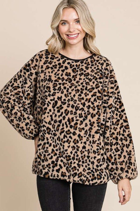 Culture Code - Brown Leopard Print Fleece Top