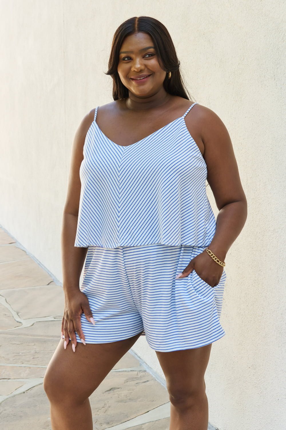 Culture Code - Double Flare Striped Sleeveless Romper in Cobalt Blue