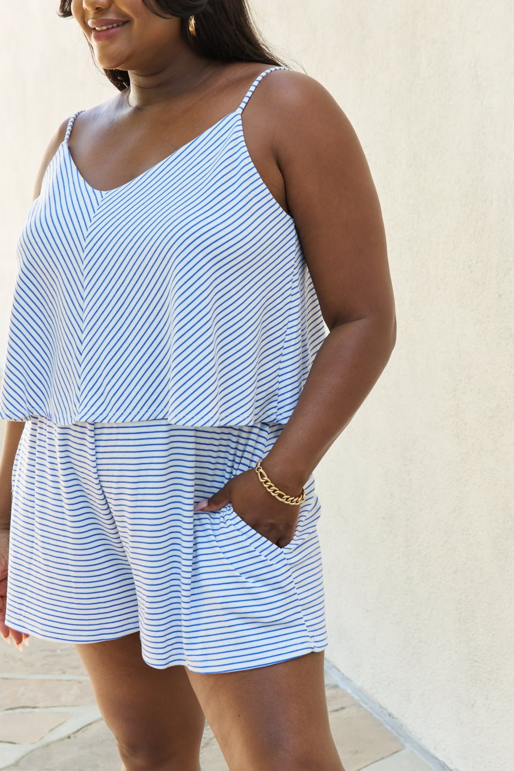 Culture Code - Double Flare Striped Sleeveless Romper in Cobalt Blue