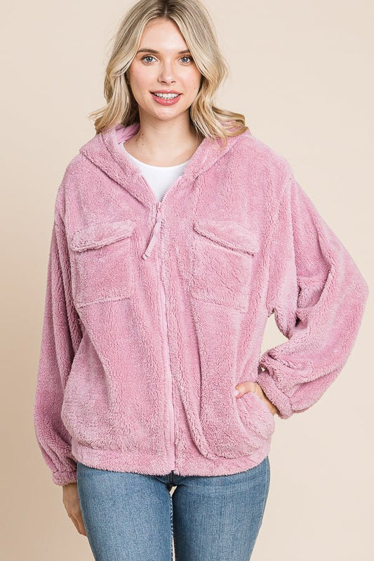 Culture Code - Fuchsia Pink Zip Up Hooded Sherpa Jacket