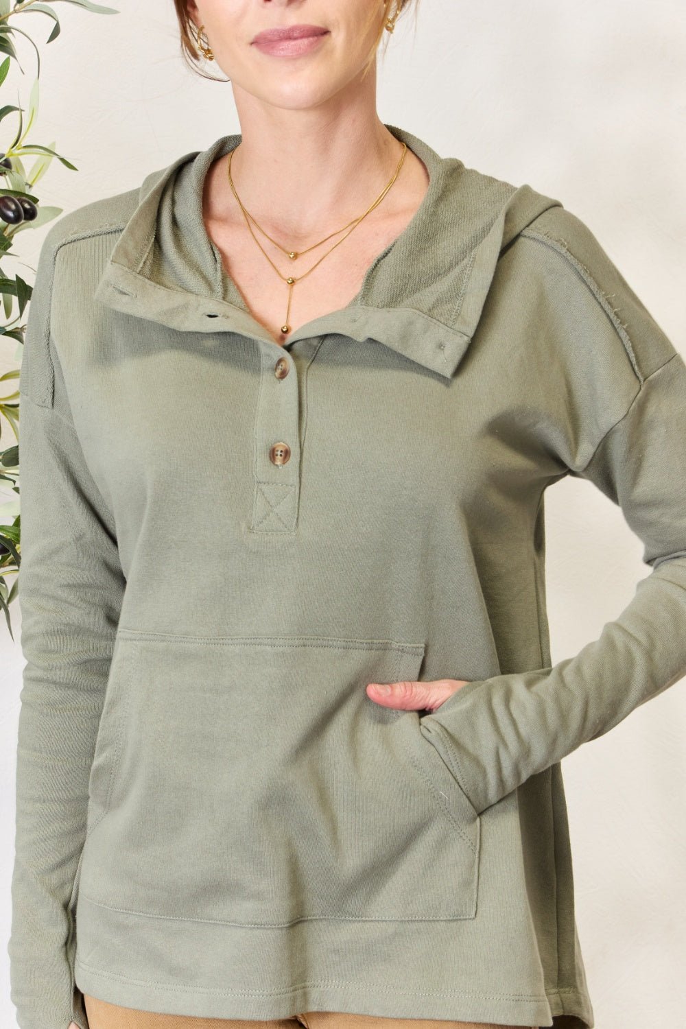 Culture Code - Half Button Thumbhole Hoodie in Faded Olive