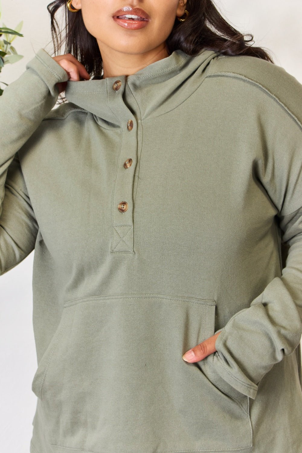 Culture Code - Half Button Thumbhole Hoodie in Faded Olive