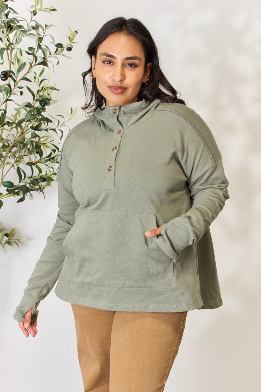 Culture Code - Half Button Thumbhole Hoodie in Faded Olive