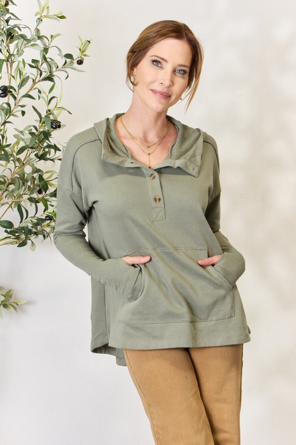 Culture Code - Half Button Thumbhole Hoodie in Faded Olive