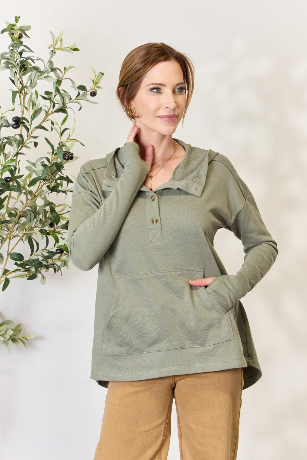 Culture Code - Half Button Thumbhole Hoodie in Faded Olive