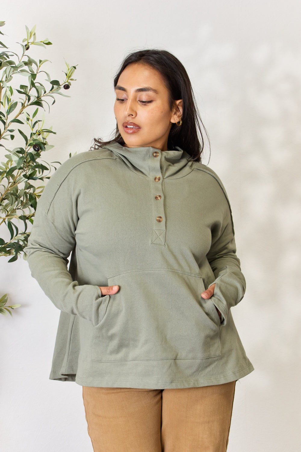 Culture Code - Half Button Thumbhole Hoodie in Faded Olive