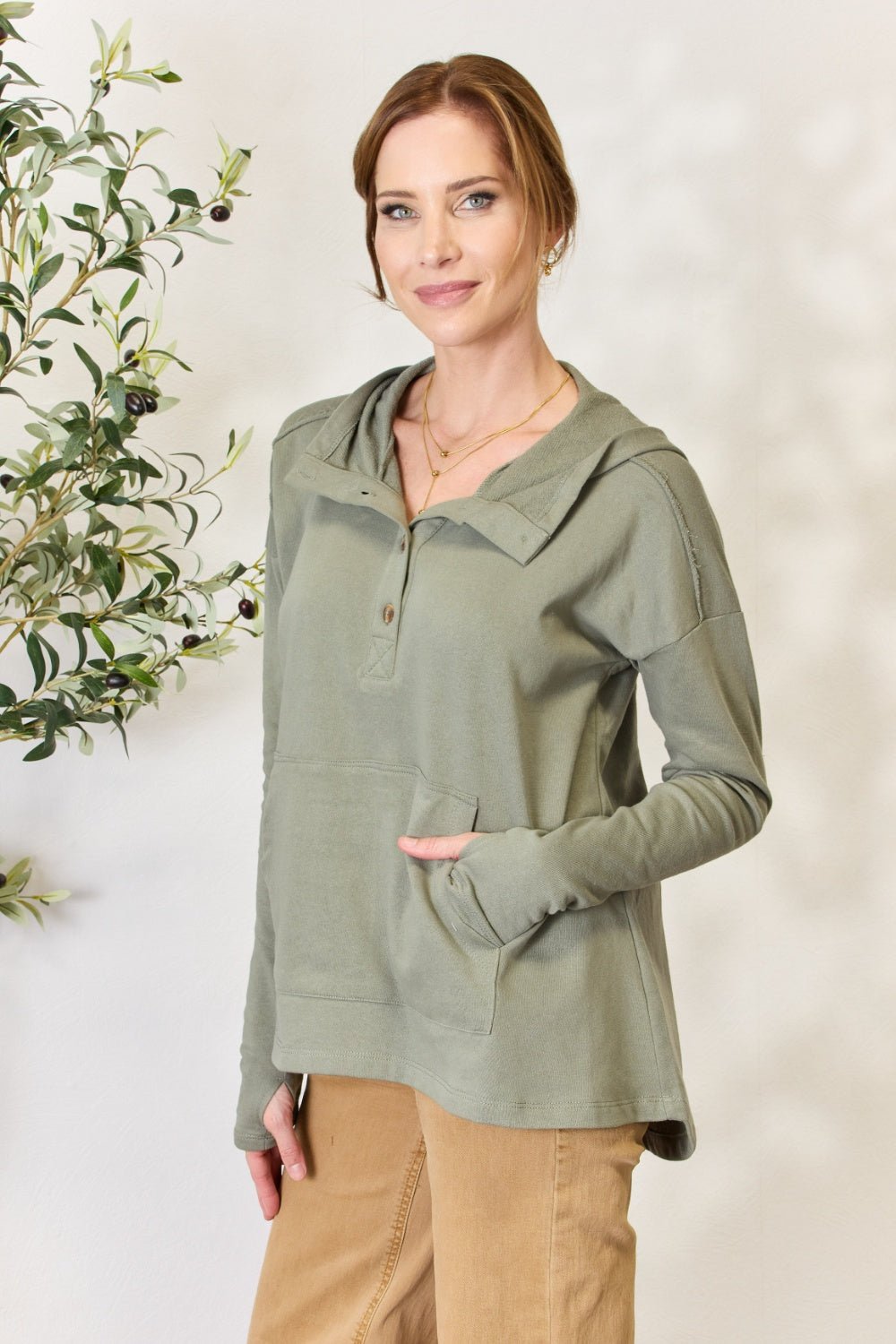 Culture Code - Half Button Thumbhole Hoodie in Faded Olive