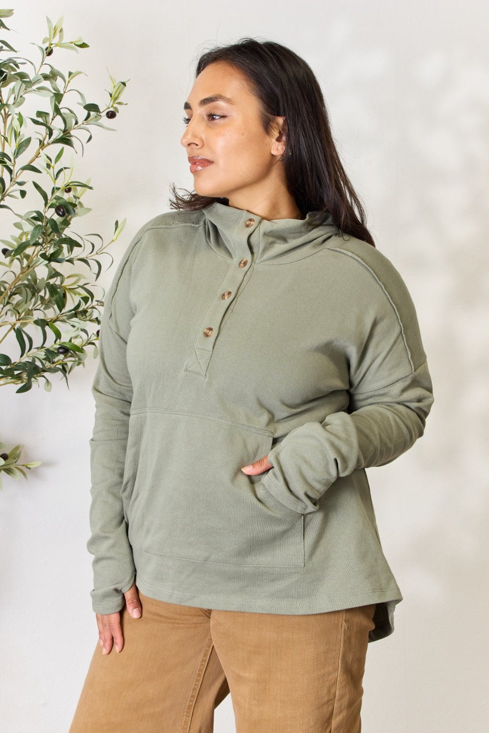 Culture Code - Half Button Thumbhole Hoodie in Faded Olive