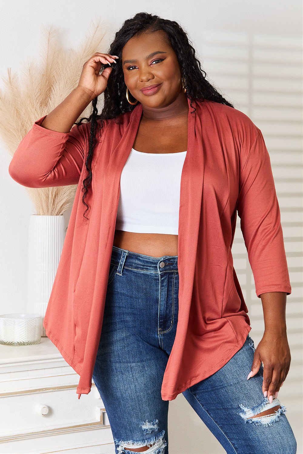 Culture Code - Open Front Cardigan in Coral