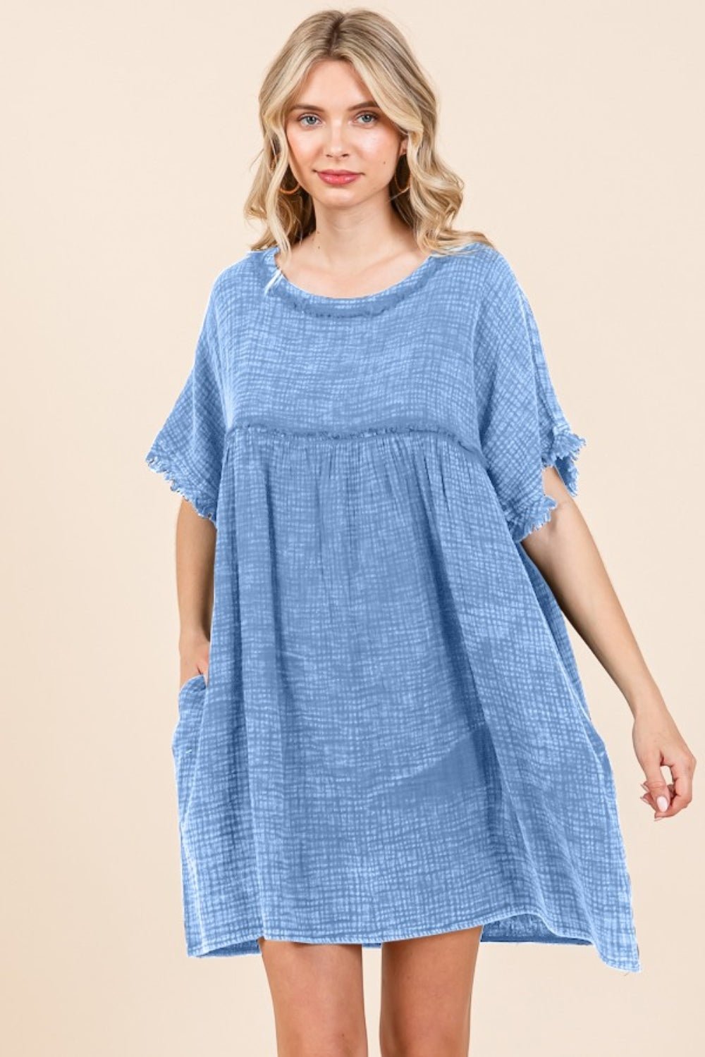 Culture Code - Short Sleeve Babydoll Textured Mini Dress with Pockets in Dusty Blue