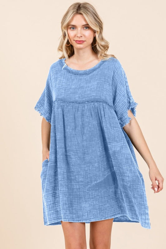 Culture Code - Short Sleeve Babydoll Textured Mini Dress with Pockets in Dusty Blue