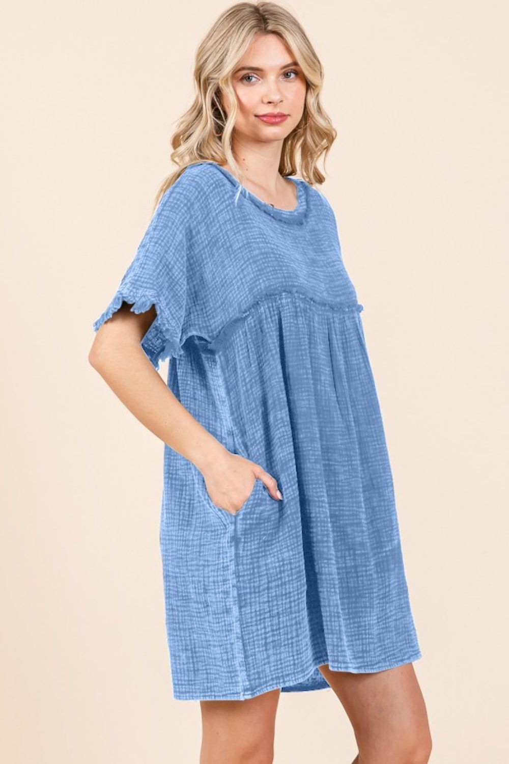 Culture Code - Short Sleeve Babydoll Textured Mini Dress with Pockets in Dusty Blue