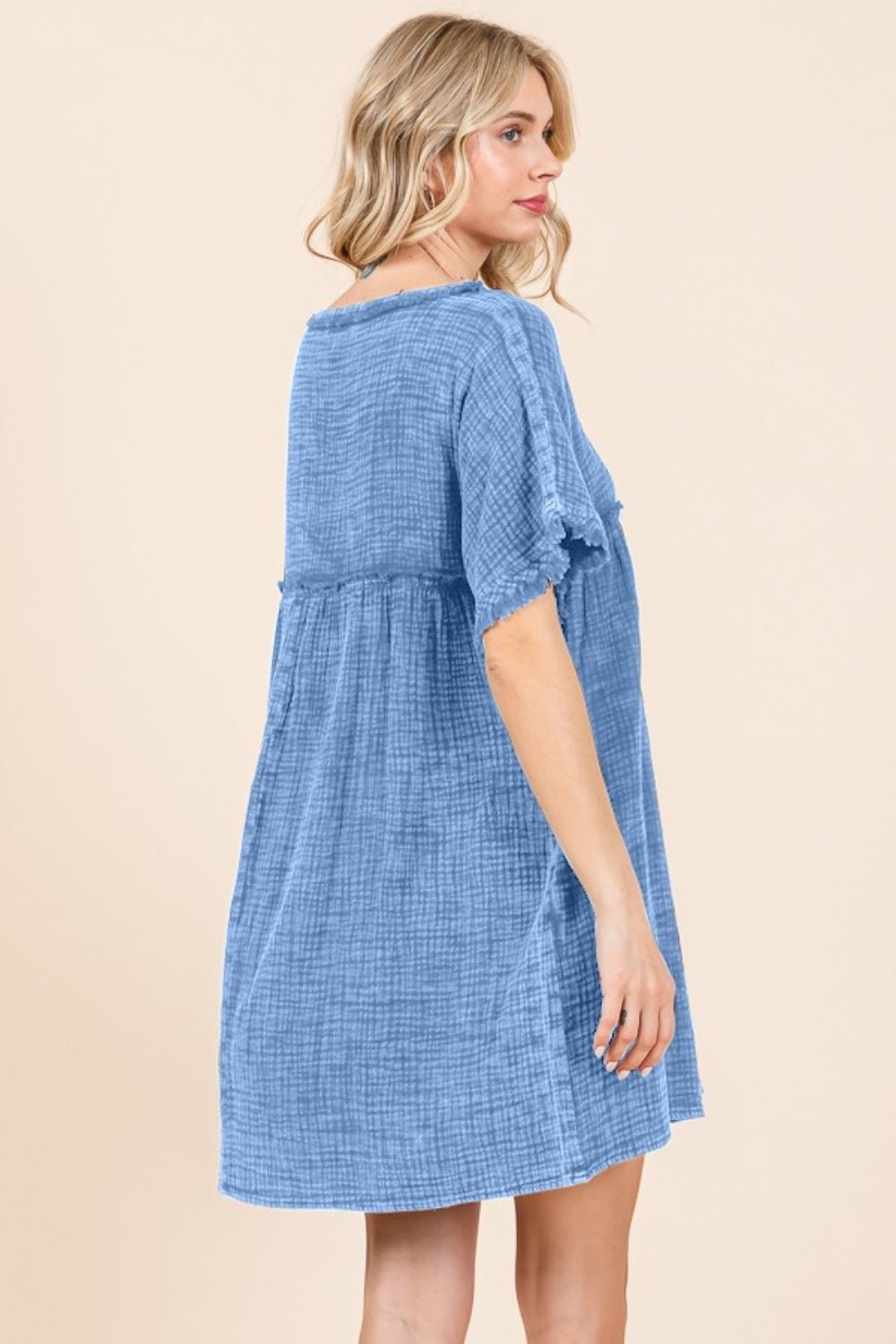 Culture Code - Short Sleeve Babydoll Textured Mini Dress with Pockets in Dusty Blue