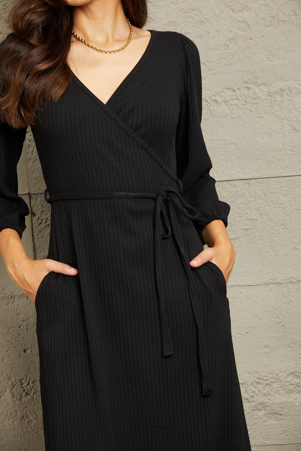 Culture Code - Three - Quarter Sleeve Midi Wrap Dress with Pockets in Black