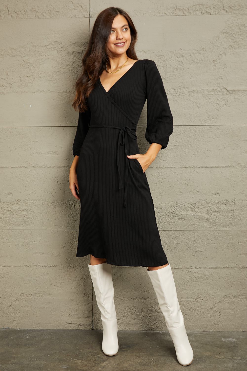 Culture Code - Three - Quarter Sleeve Midi Wrap Dress with Pockets in Black