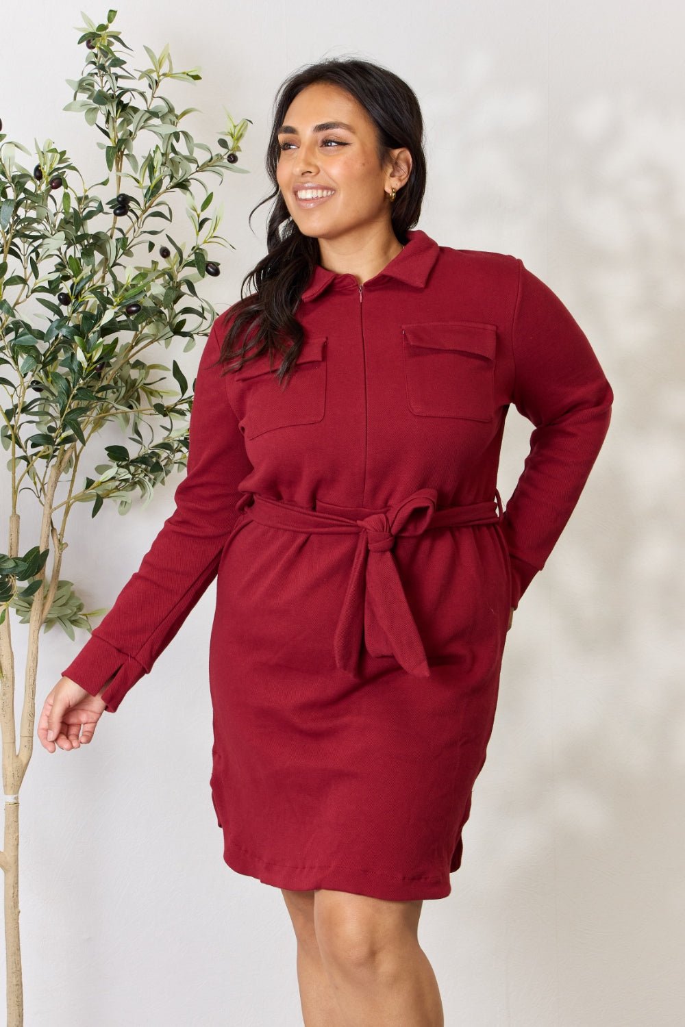 Culture Code - Tie Front Half Zip Long Sleeve Mini Shirt Dress in Burgundy