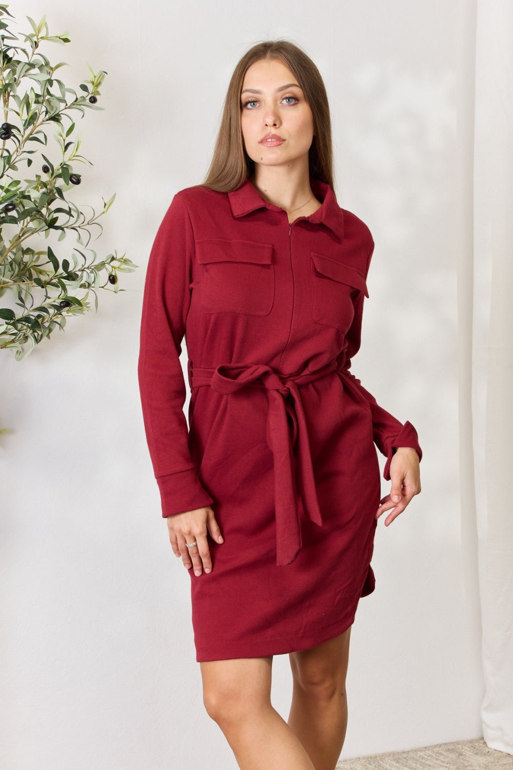 Culture Code - Tie Front Half Zip Long Sleeve Mini Shirt Dress in Burgundy