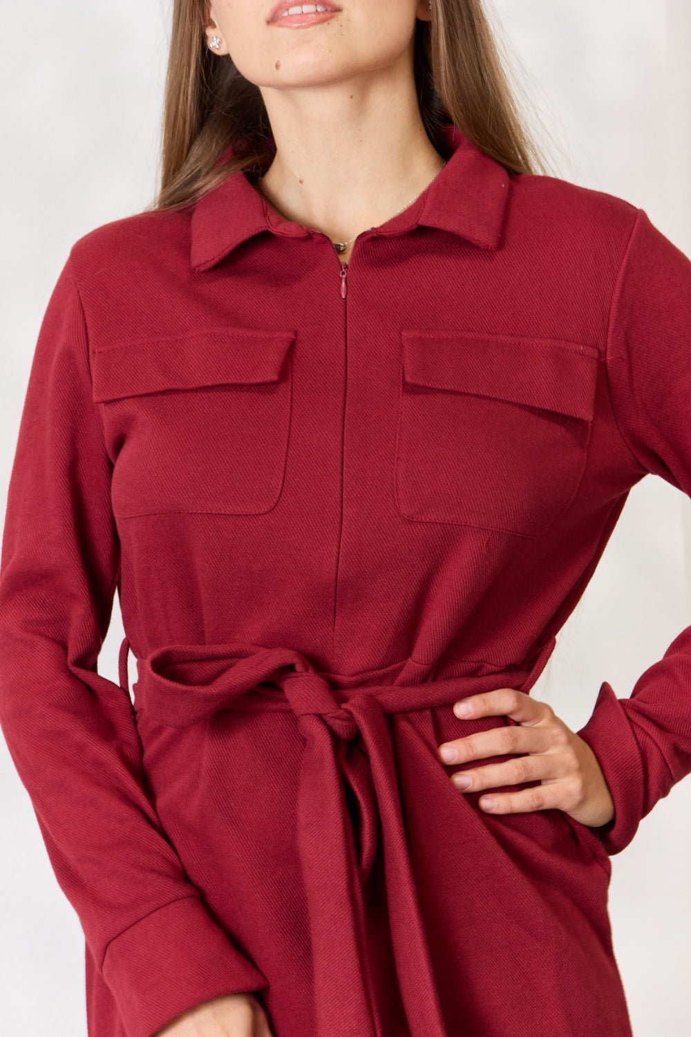 Culture Code - Tie Front Half Zip Long Sleeve Mini Shirt Dress in Burgundy