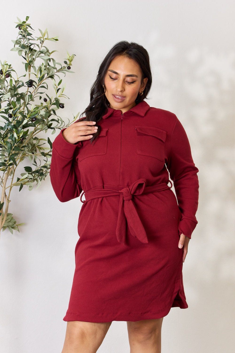 Culture Code - Tie Front Half Zip Long Sleeve Mini Shirt Dress in Burgundy