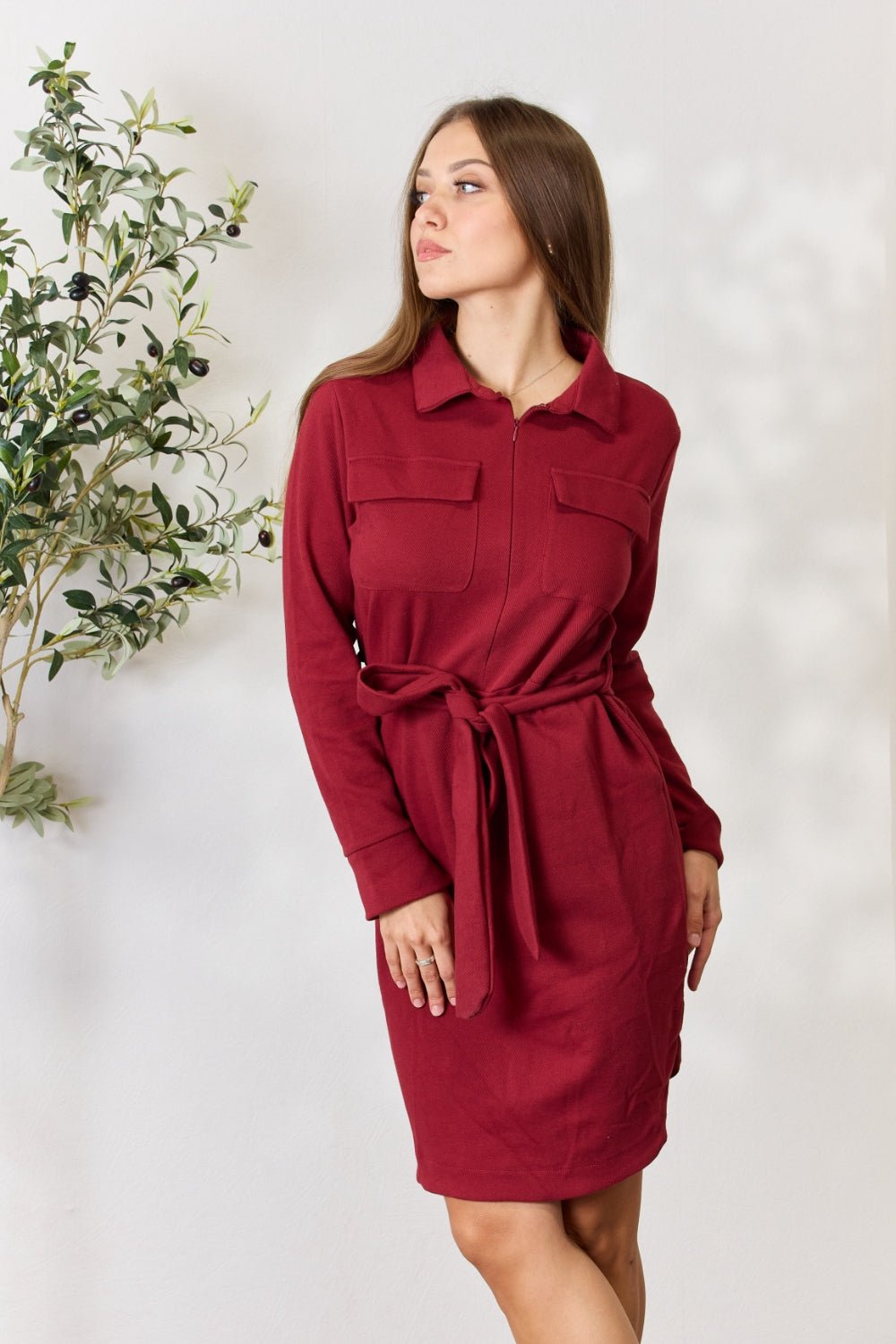 Culture Code - Tie Front Half Zip Long Sleeve Mini Shirt Dress in Burgundy