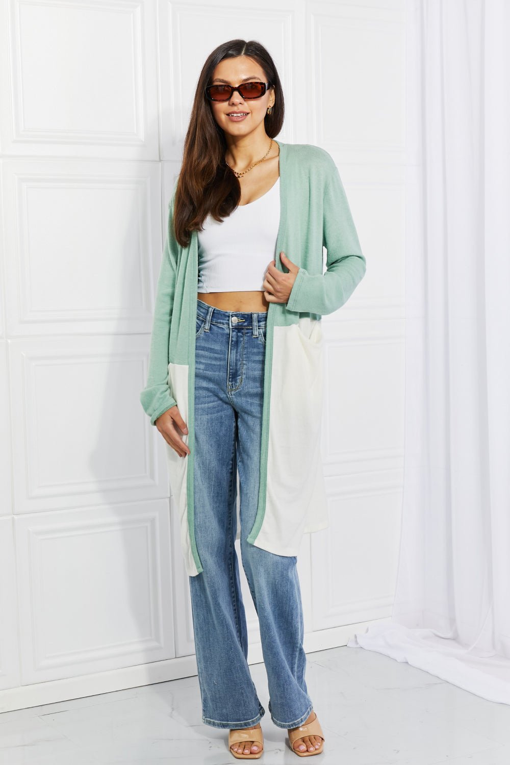 Culture CodeColor Block Duster Cardigan in Light Green