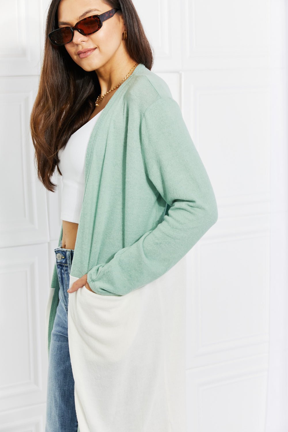 Culture CodeColor Block Duster Cardigan in Light Green