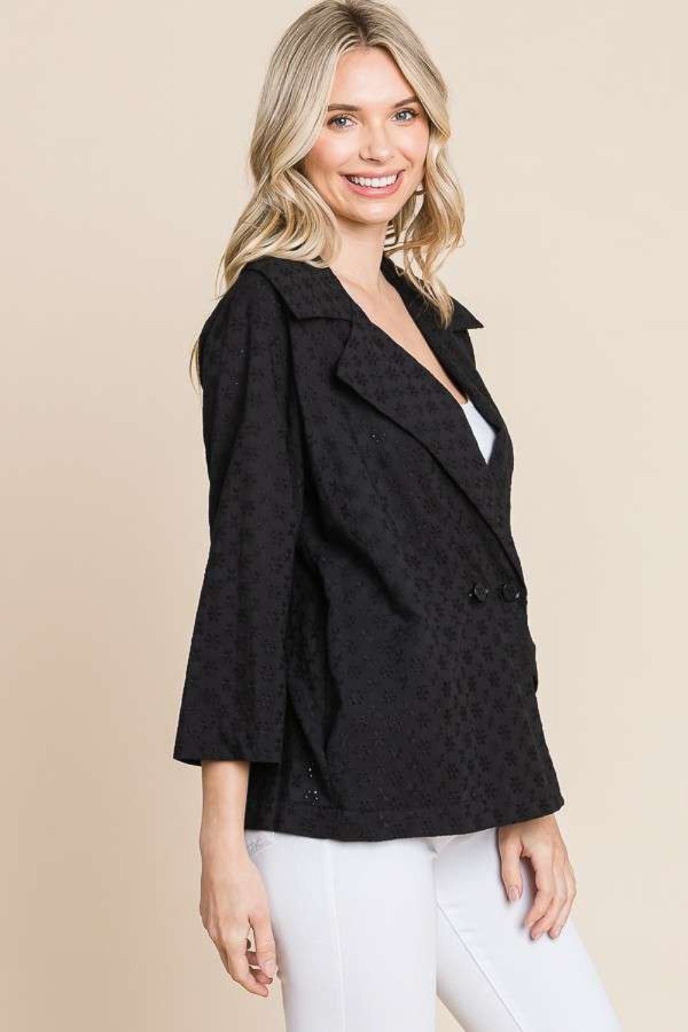 Culture CodeDouble Breasted Eyelet Jacket with Pockets in Black