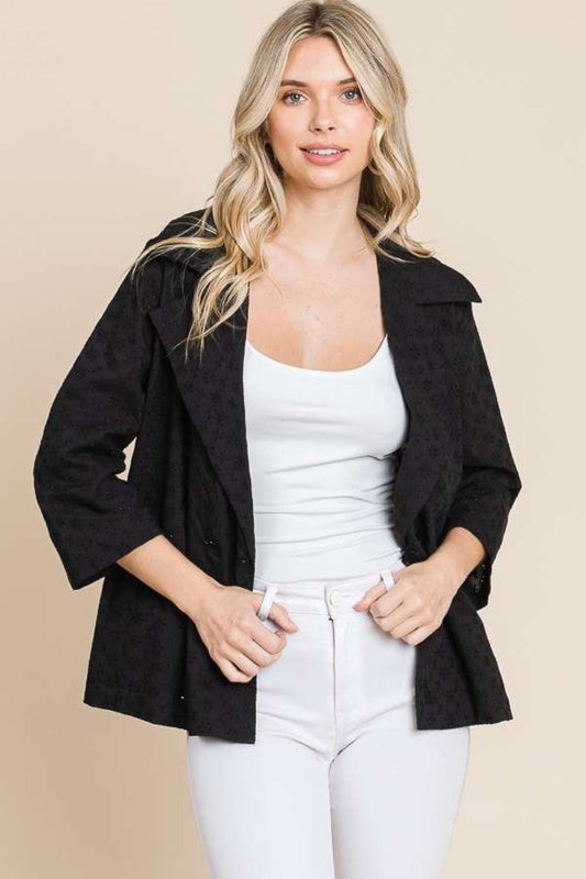 Culture CodeDouble Breasted Eyelet Jacket with Pockets in Black